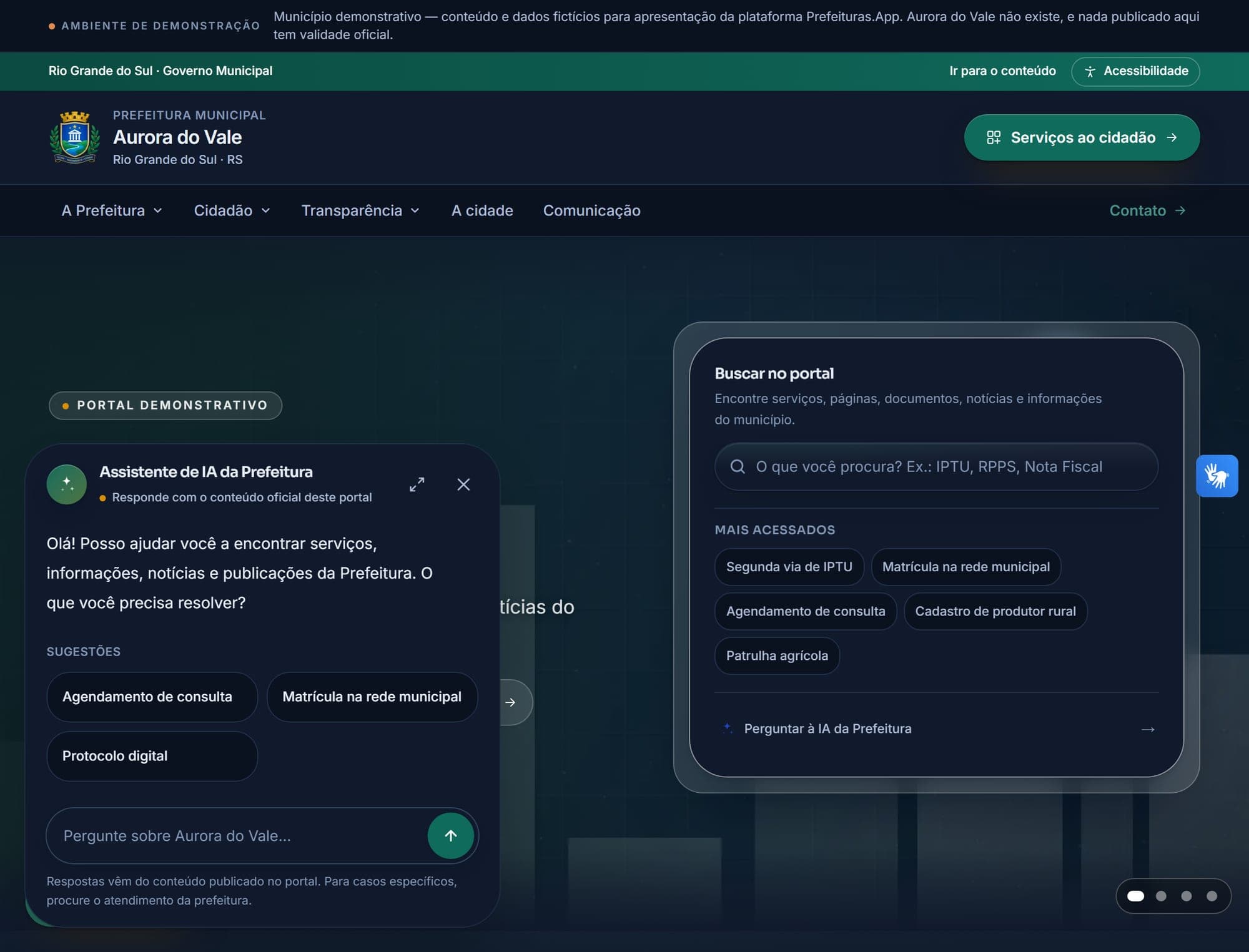 O assistente do município, aberto no portal, respondendo a partir do conteúdo publicado